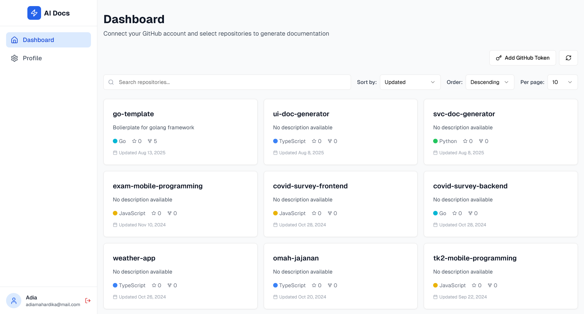 AI Docs dashboard listing connected GitHub repositories