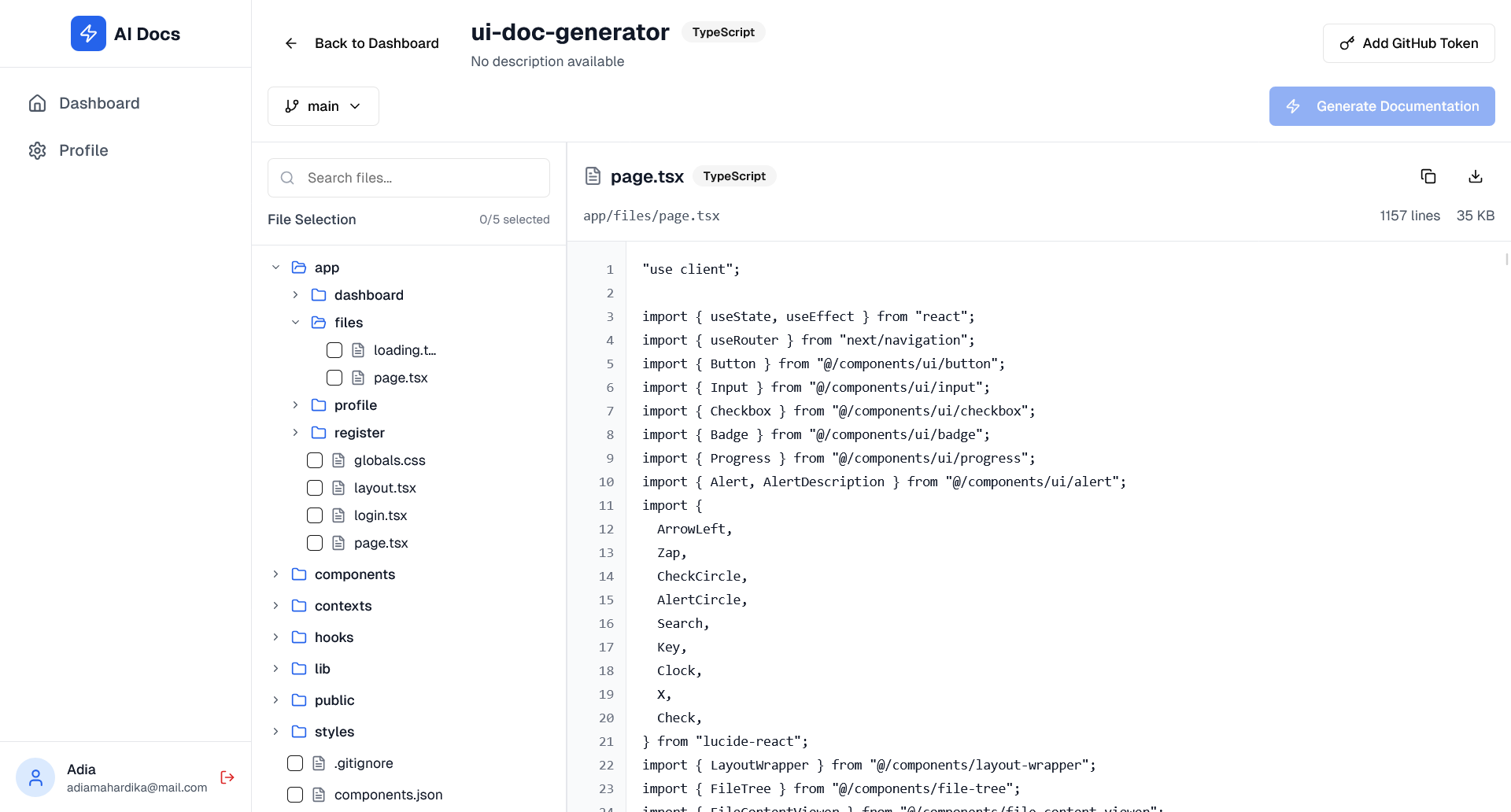 AI Docs file selection and source viewer
